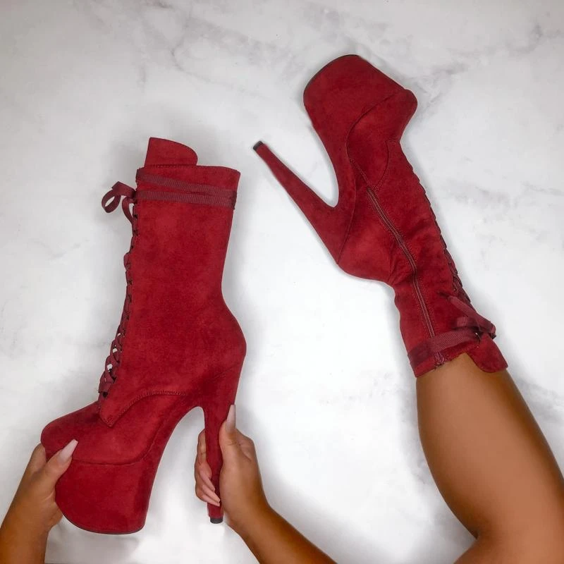 Hella Heels High BabyDoll 7inch Boots - Dark Red 3 Hella Heels High BabyDoll 7inch Boots - Dark Red - Image 3
