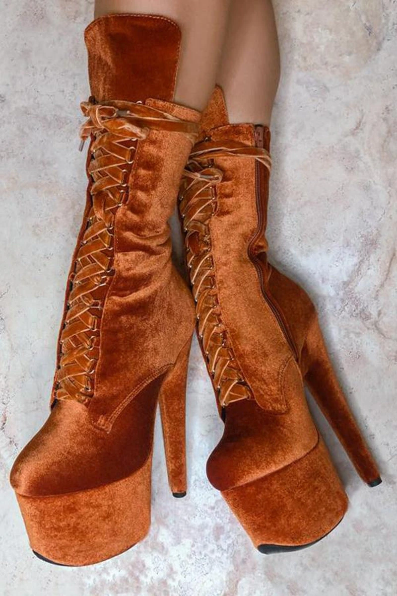 Hella Heels BabyDoll Velvet 7inch Boots - Brandy 1 Hella Heels BabyDoll Velvet 7inch Boots - Brandy