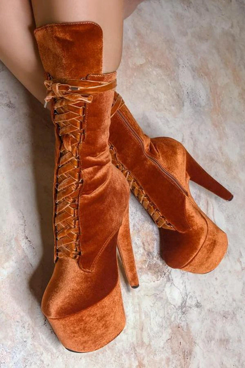 Hella Heels BabyDoll Velvet 7inch Boots - Brandy 2 Hella Heels BabyDoll Velvet 7inch Boots - Brandy - Image 2