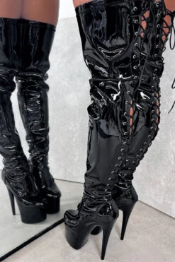 Hella Heels LipKit Thicc Thigh High Back Lace 7inch Boots - Black Beatle -Famous Boot Store BlackBeatleThiccThighHigh 7INCH2