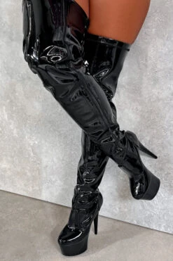 Hella Heels LipKit Thicc Thigh High Back Lace 7inch Boots - Black Beatle -Famous Boot Store BlackBeatleThiccThighHigh 7INCH3