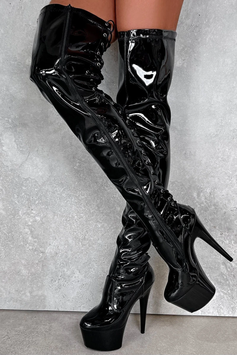 Hella Heels LipKit Thigh High Back Lace 7inch Boots - Black Beatle 1 Hella Heels LipKit Thigh High Back Lace 7inch Boots - Black Beatle