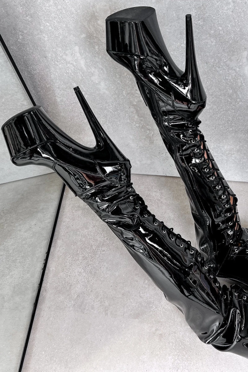 Hella Heels LipKit Thigh High Back Lace 7inch Boots - Black Beatle 4 Hella Heels LipKit Thigh High Back Lace 7inch Boots - Black Beatle - Image 4