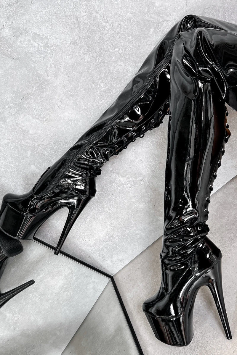 Hella Heels LipKit Thigh High Back Lace 7inch Boots - Black Beatle 5 Hella Heels LipKit Thigh High Back Lace 7inch Boots - Black Beatle - Image 5