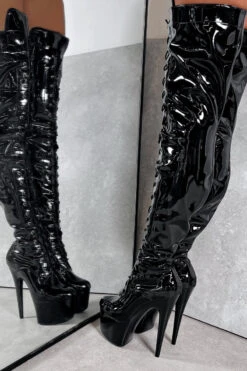 Hella Heels LipKit Thigh High Front Lace 7inch Boots - Black Beatle 6 Hella Heels LipKit Thigh High Front Lace 7inch Boots - Black Beatle -Famous Boot Store BlackBeatleThighHighFrontLace 7INCH2