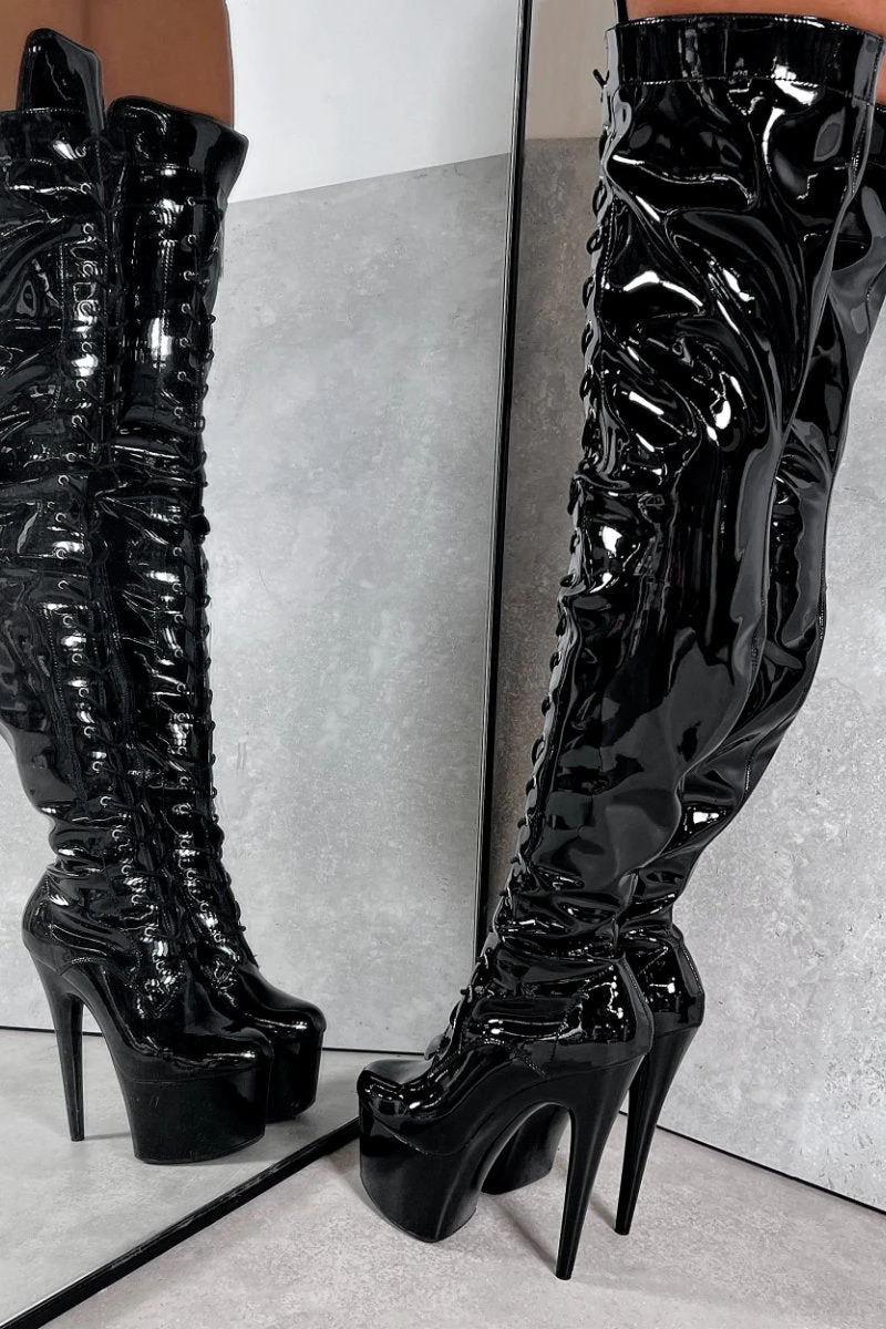 Hella Heels LipKit Thigh High Front Lace 7inch Boots - Black Beatle 3 Hella Heels LipKit Thigh High Front Lace 7inch Boots - Black Beatle - Image 3