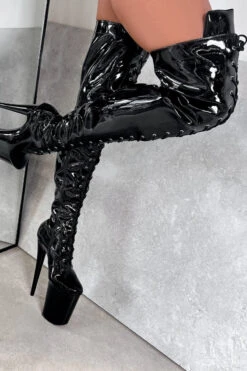 Hella Heels LipKit Thigh High Front Lace 8inch Boots - Black Beatle -Famous Boot Store BlackBeatleThighHighFrontLace 8INCH4