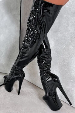 Hella Heels LipKit Thigh High Front Lace 8inch Boots - Black Beatle -Famous Boot Store BlackBeatleThighHighFrontLace 8INCH5 1