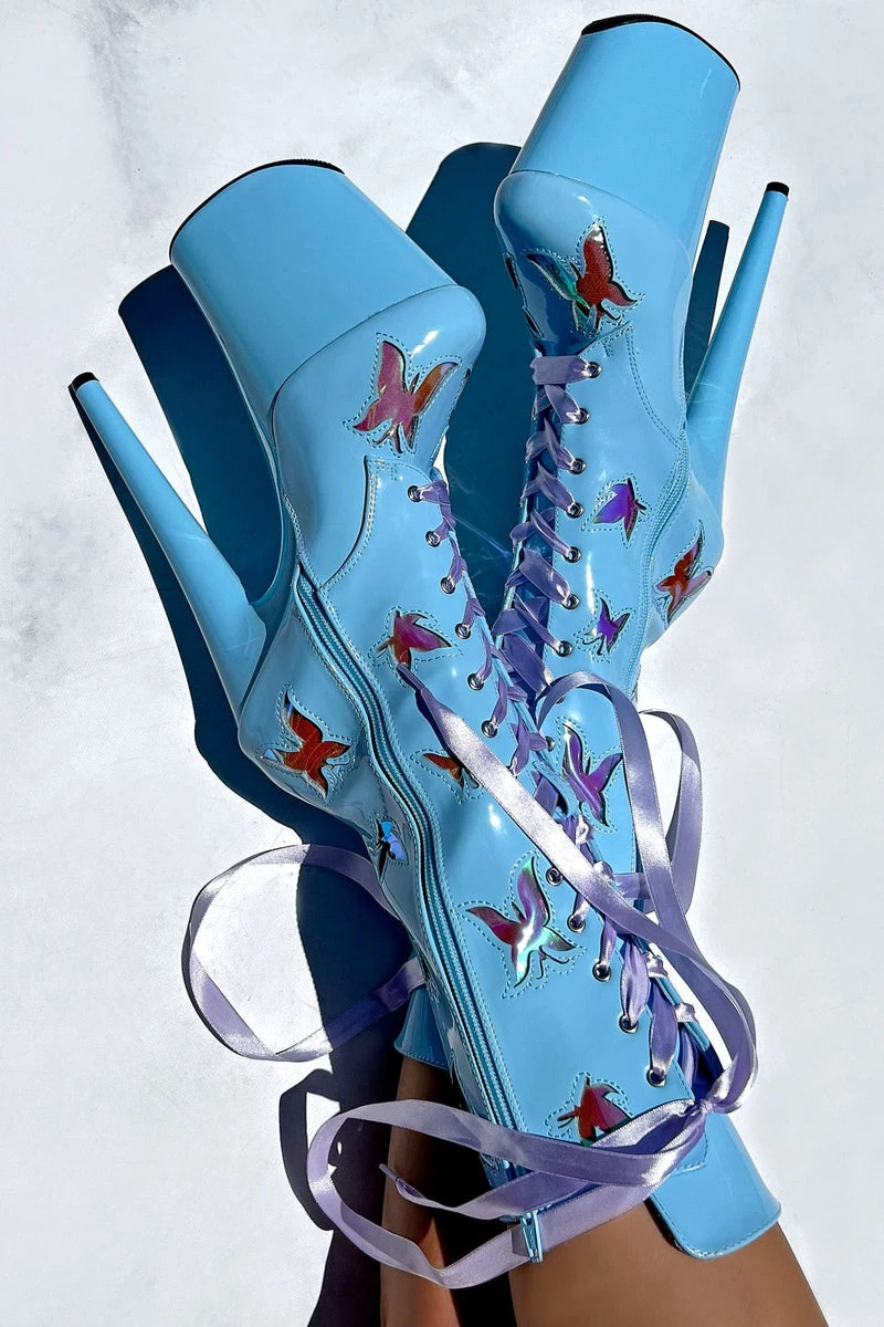 Hella Heels Butterfly 8inch Boots - Baby Blue 2 Hella Heels Butterfly 8inch Boots - Baby Blue - Image 2
