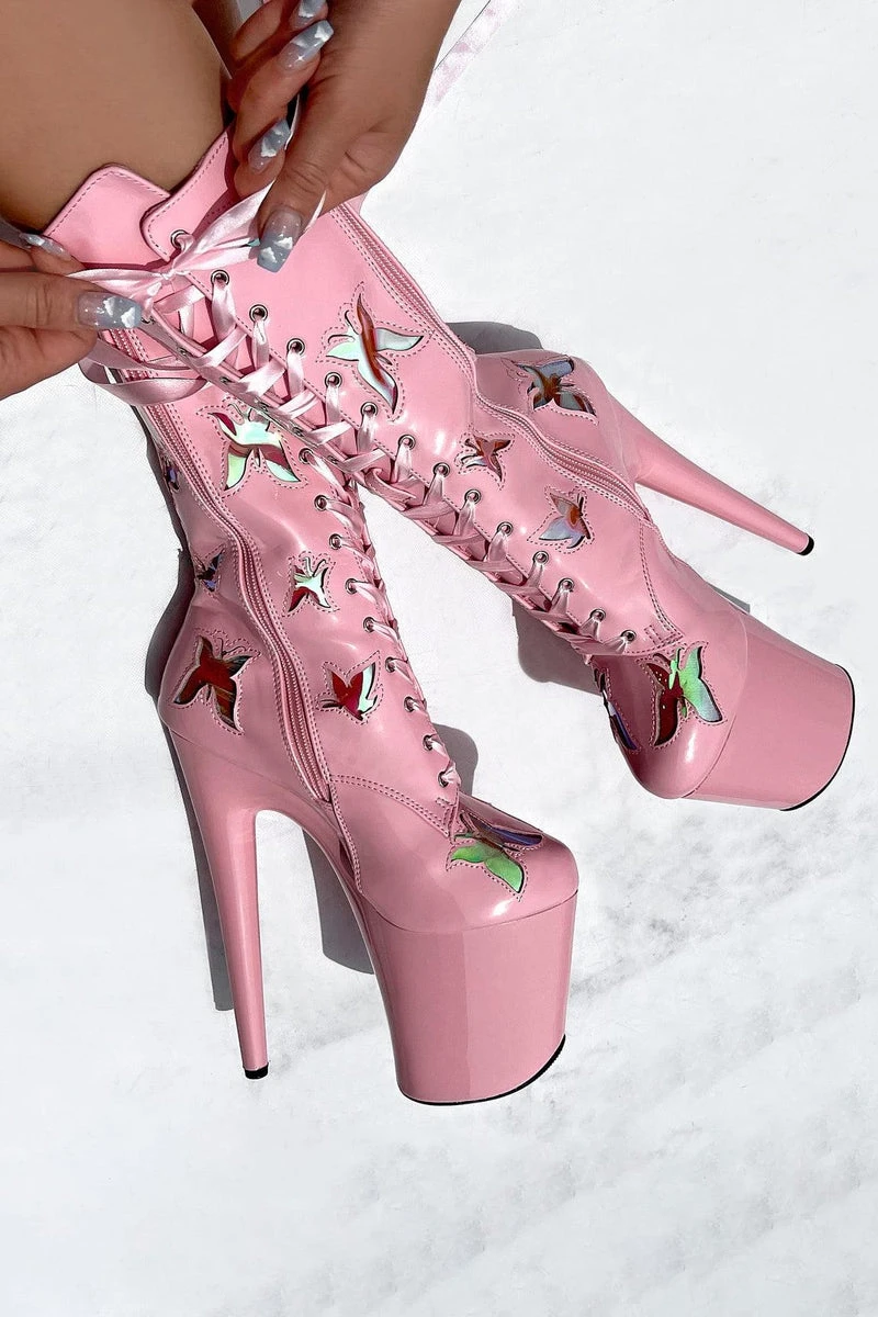 Hella Heels Butterfly Boots - 8inch - Pink 2 Hella Heels Butterfly Boots - 8inch - Pink - Image 2