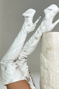 Hella Heels Renaissance Slim Thigh High 8inch Boots - Faith -Famous Boot Store Faith White Marble Slim Thigh High Pole Dance Shoes 8