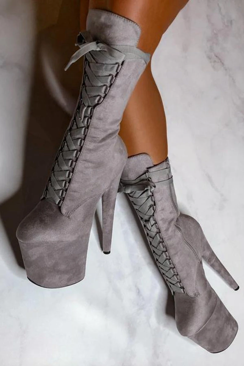 Hella Heels High BabyDoll 8inch Boots - Light Grey 1 Hella Heels High BabyDoll 8inch Boots - Light Grey