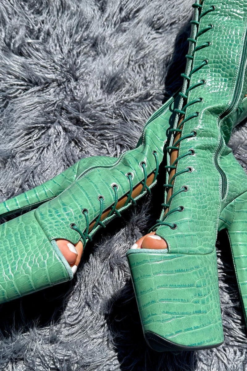 Hella Heels Killing Adam Open Toe Knee High Boots - 8inch 1 Hella Heels Killing Adam Open Toe Knee High Boots - 8inch