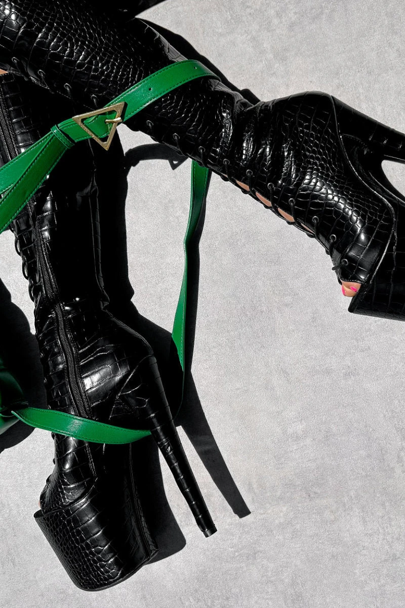 Hella Heels Cold Blooded Black Open Toe Knee High Boots - 8inch 4 Hella Heels Cold Blooded Black Open Toe Knee High Boots - 8inch - Image 4