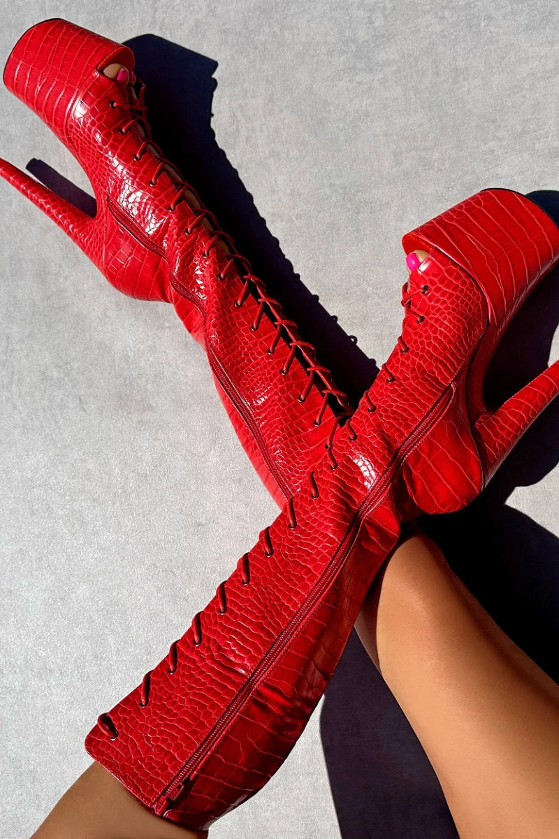 Hella Heels Out For Blood Open Toe Knee High Boots - 8inch 1 Hella Heels Out For Blood Open Toe Knee High Boots - 8inch