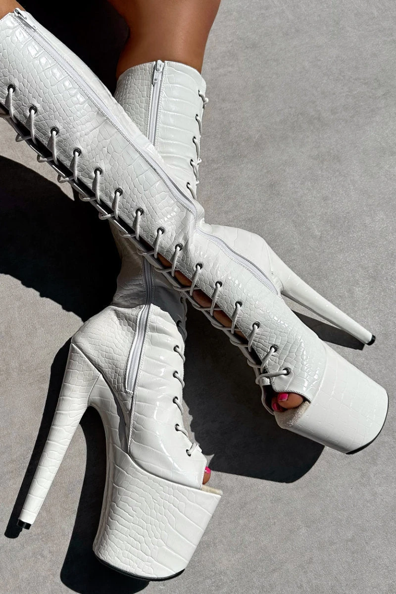 Hella Heels Ghosted Open Toe Knee High Boots - 8inch 1 Hella Heels Ghosted Open Toe Knee High Boots - 8inch