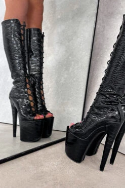 Hella Heels Cold Blooded Black Open Toe Knee High Boots - 8inch 7 Hella Heels Cold Blooded Black Open Toe Knee High Boots - 8inch -Famous Boot Store IMG 0825