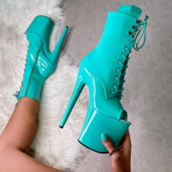 Hella Heels LipKit Open Toe 8inch Boots - Minted -Famous Boot Store Minted8InchOpenTieCloseUp 1