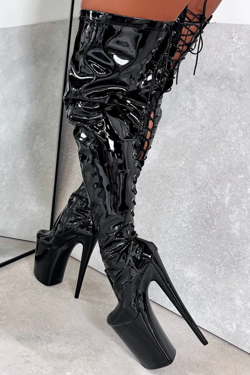 Hella Heels LipKit Thicc Thigh High Back Lace 9inch Boots - Black Beatle 3 Hella Heels LipKit Thicc Thigh High Back Lace 9inch Boots - Black Beatle - Image 3
