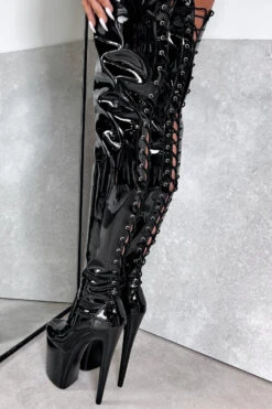 Hella Heels LipKit Thigh High Back Lace 8inch Boots - Black Beatle -Famous Boot Store ThighHigh BlackBeatle 8INCH3 1