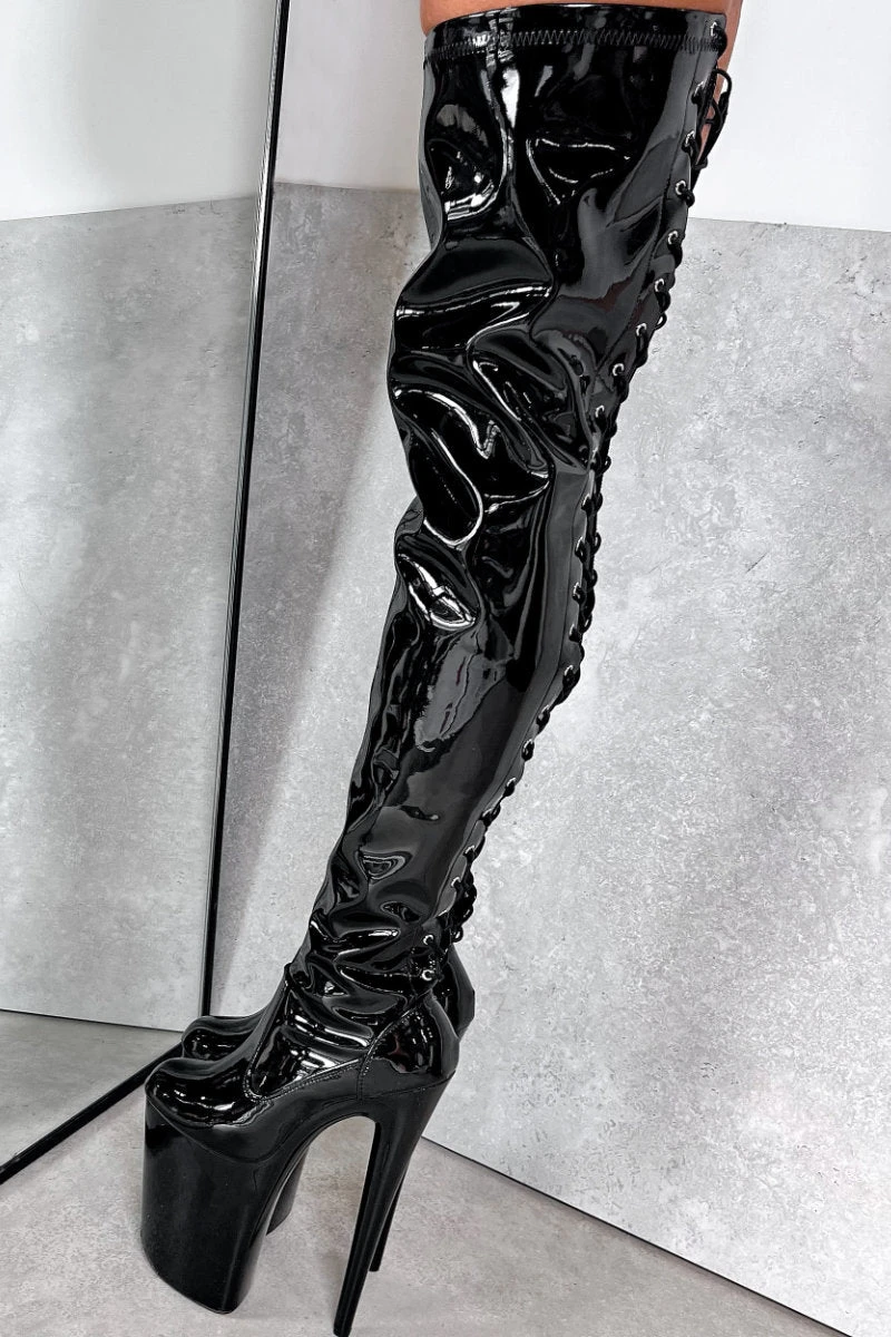 Hella Heels LipKit Thigh High Back Lace 9inch Boots - Black Beatle 2 Hella Heels LipKit Thigh High Back Lace 9inch Boots - Black Beatle - Image 2