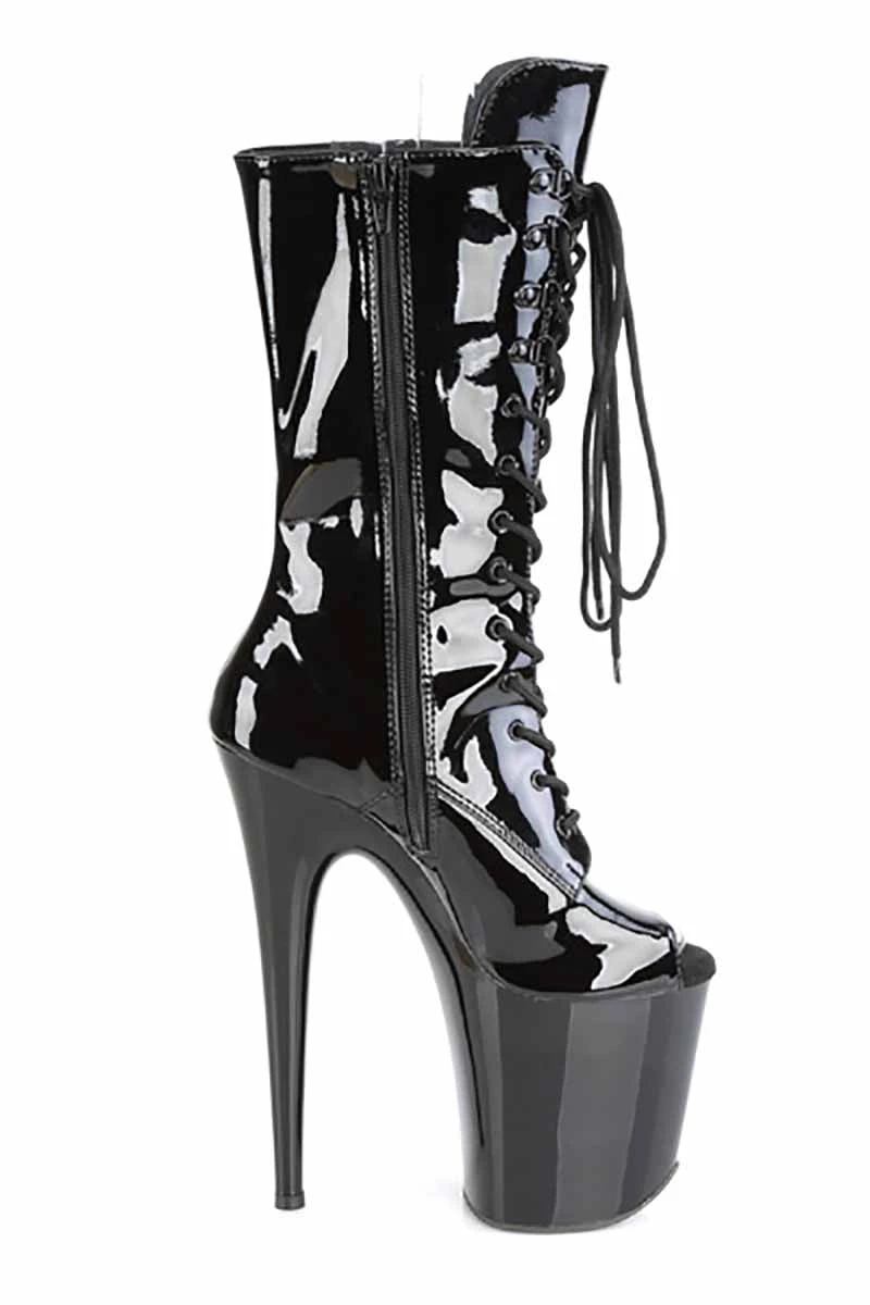 Pleaser USA Flamingo-1051 8inch Peep Toe Pleaser Boots - Patent Black 2 Pleaser USA Flamingo-1051 8inch Peep Toe Pleaser Boots - Patent Black - Image 2