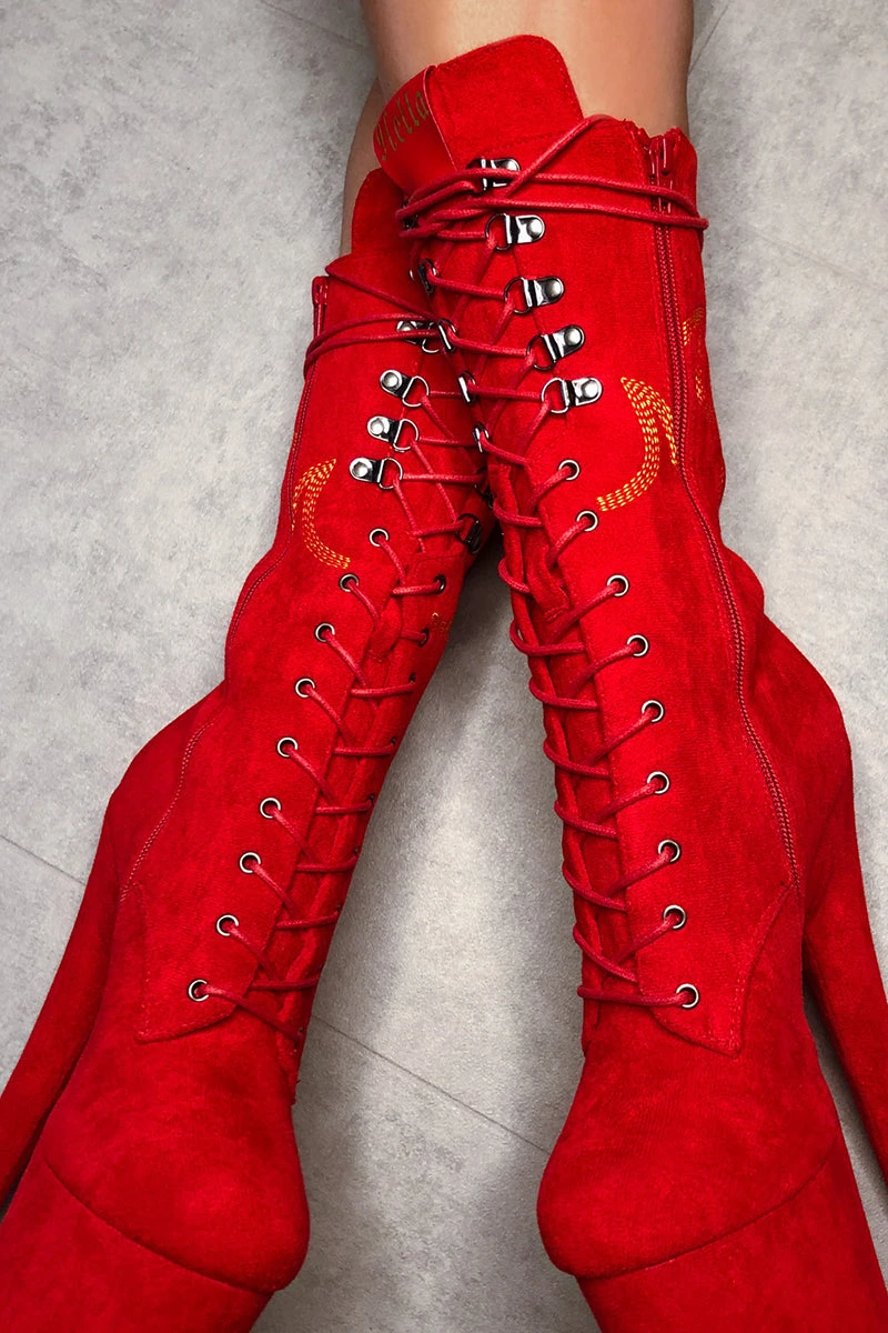 Hella Heels HellGirl Front Lace 7inch Boots - Red/Yellow 2 Hella Heels HellGirl Front Lace 7inch Boots - Red/Yellow - Image 2