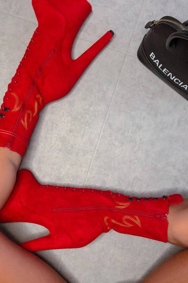 Hella Heels HellGirl Front Lace 7inch Boots - Red/Yellow 1 Hella Heels HellGirl Front Lace 7inch Boots - Red/Yellow